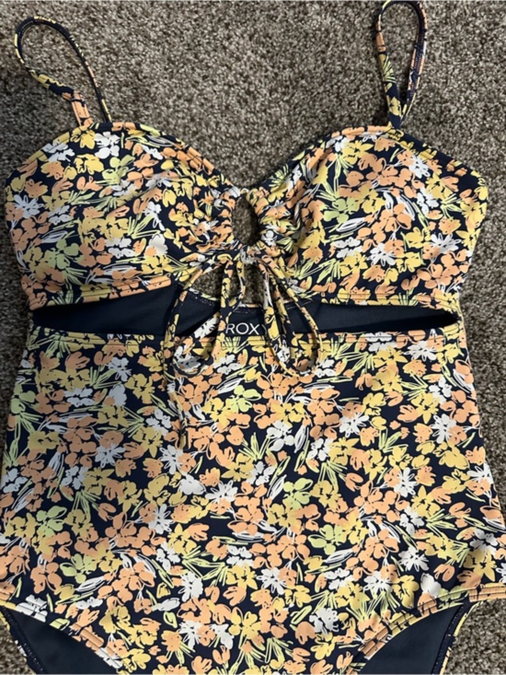 Roxy Floral One Piece Swimsuit Women’s Small Navy Orange Cutout Tie Front Pool